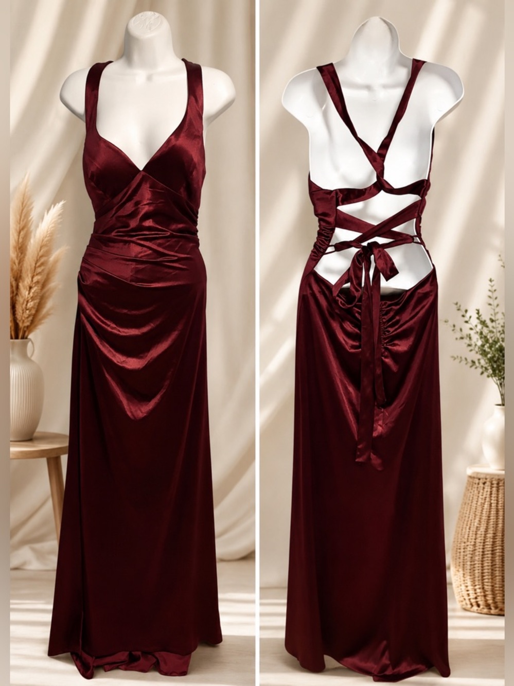 B. Darlin Strappy-Back Satin Maxi Gown Cabernet/Burgundy Size 11/12 | NEW